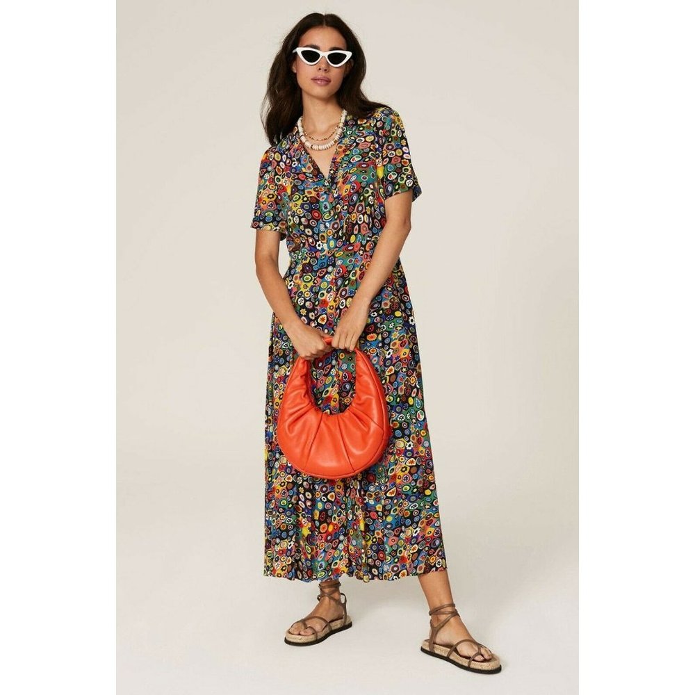 STAUD Womens Size 4 Endo Dress Multicolor Abstract Printed Midi Pleated Colorful
